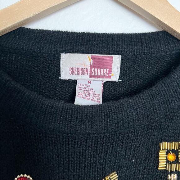Vintage 90's 80's Sheridan Square Black Gem Stone Beaded Black Sweater Medium - Picture 3 of 5